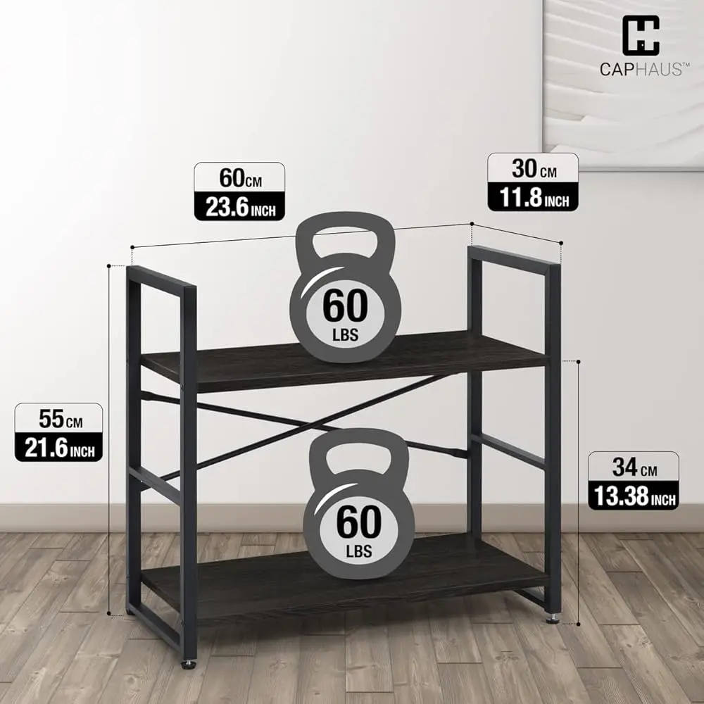 2 Tier Small Bookshelf, 24 H Width Free Standing Shelf, Bookcase Shelf Storage Organizer, Industrial Book Shelves For Home