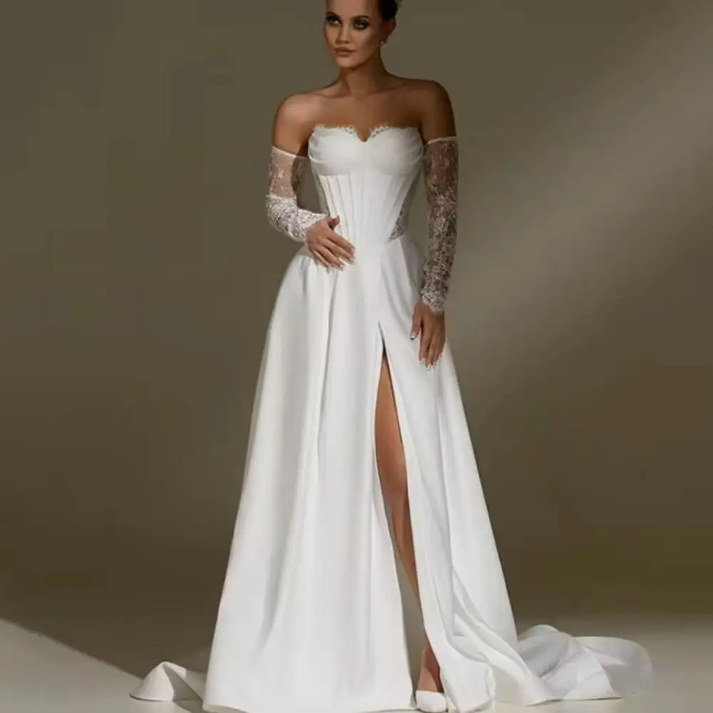 Boho Beach A-Line Wedding Dresses 2025 Sweetheart Lace Side Slit Bridal Dress White Wedding Ball Prom Gowns Customized
