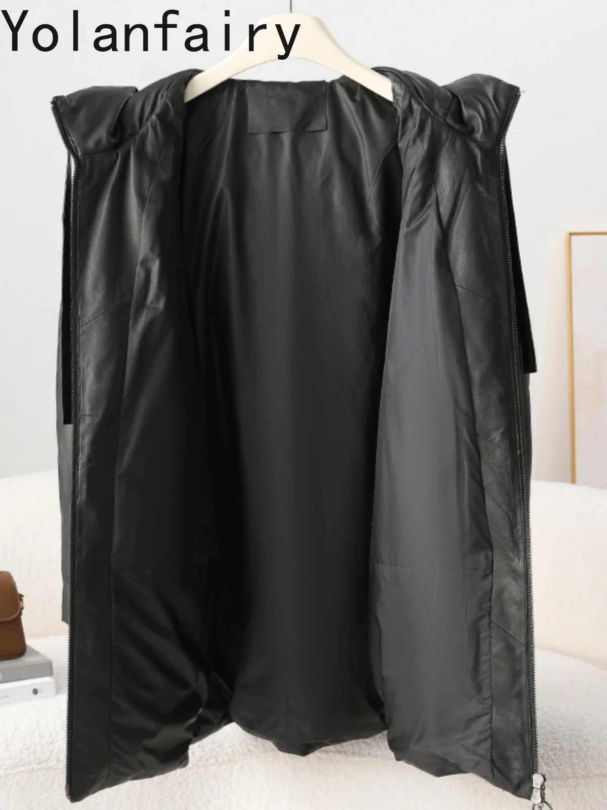 YOLANFAIRY Piumino in vera pelle al 100% Donna Autunno Inverno 2025 Cappotto in pelle di pecora di media lunghezza con cappuccio Caldo piumino allentato