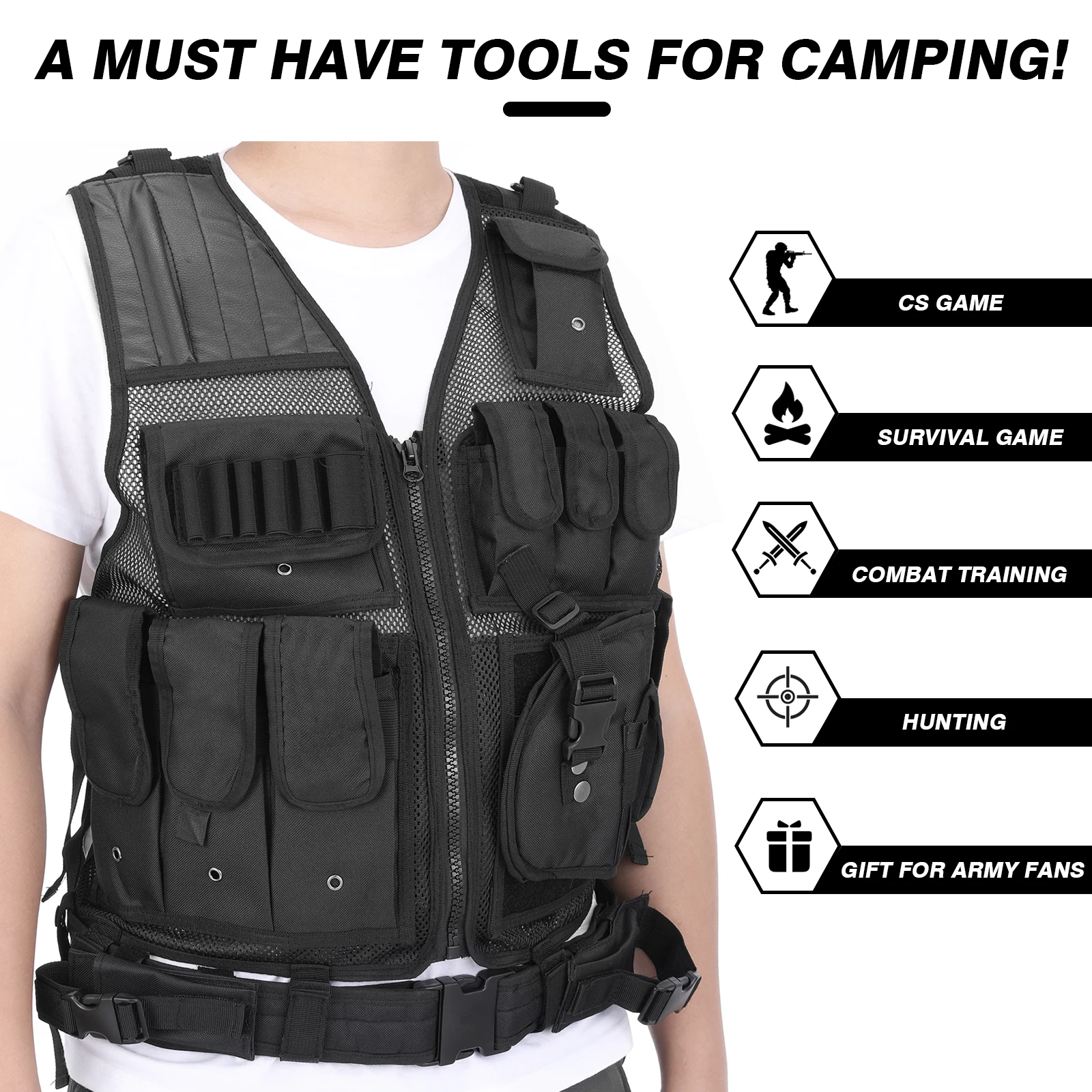 TOMSHOO Tactisch Vest Multi-zakken Ademend Combat Vest Outdoor Militair Airsoft Legervest voor Jacht Kamperen Wandelen