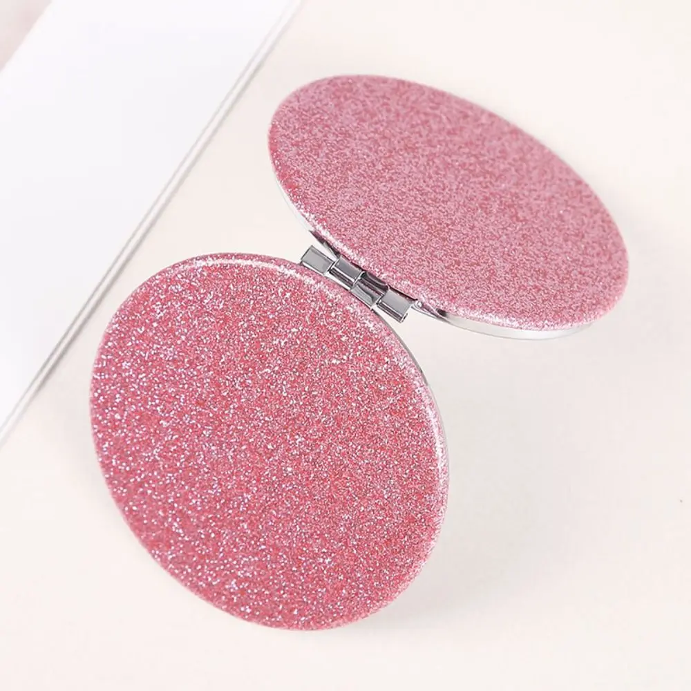 Portable Glitter Round Makeup Mirror Folding Shiny Handheld Mirror Compact PU Leather Vanity Mirror Student Gift