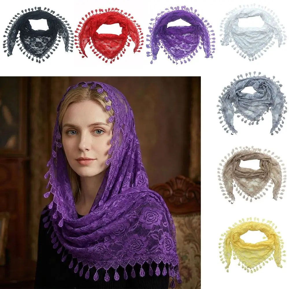 

Elegant Floral Embroidery Embroidery Lace Veil Lace Tassels Chapel Hijab Scarf Floral Pattern Women Shawl Catholic