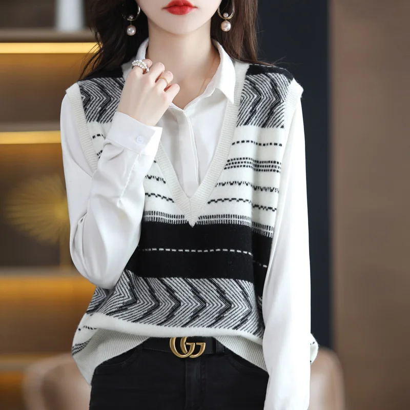 100 pure cashmere sweater women loose vest V-neck vest color matching striped cashmere knit bottoming shirt sweater