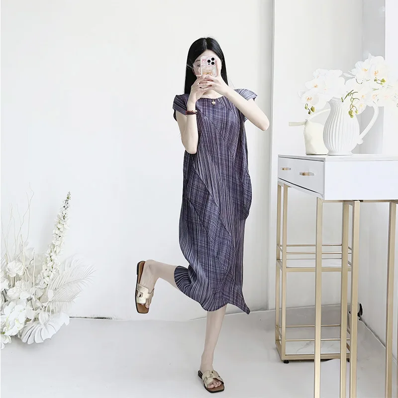 

Miyake Green Irregular Printed Handmade Pleated Women's Dress 2025 Summer Sleeveless Round Collar Dress Chic Design