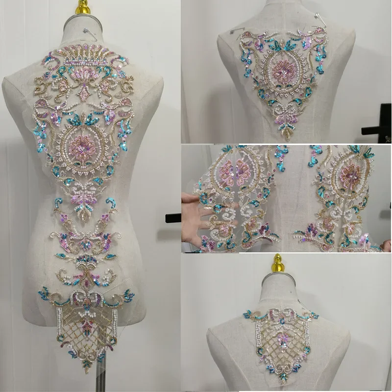 for Heavy Industry Embroidery Lace Flower Sticker Blue Gold Bead Sequined Pearl Cloth Patch for Wedding Dress Xiuhe DIY New