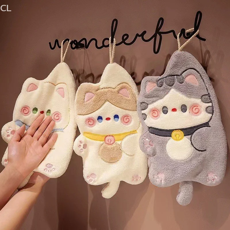 Cartoon Cat Hand Towel Kawaii Hand Wipe Cleaning Cloth For Kitchen Bathroom Hanging Towel Super Absorbent Handkerchief Clean Rag