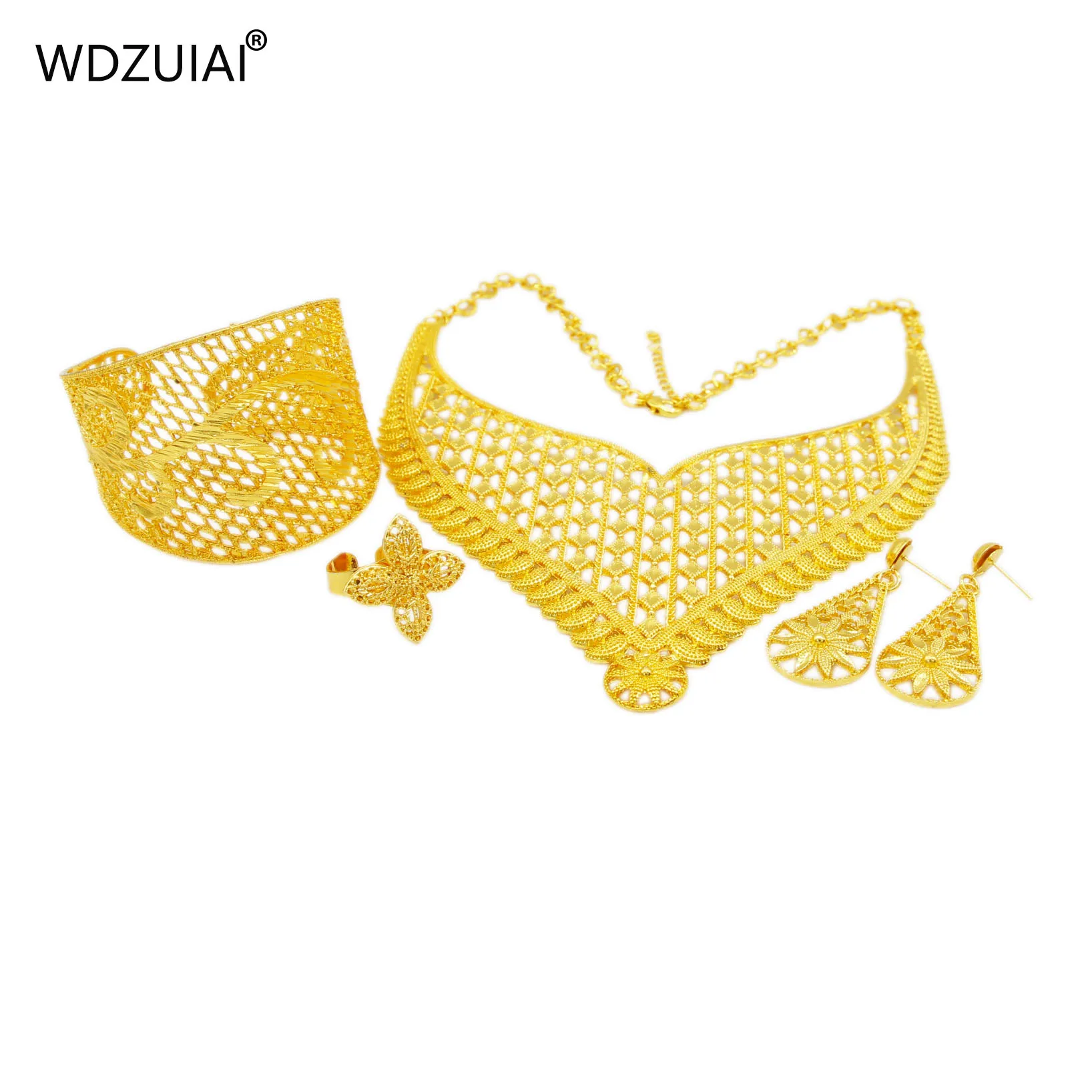 WDZUIAI Dubai 24K Gold Color Bridal Jewelry Set Necklace/Earings/Bracelet/Ring Set African Spain Russia Women Wedding Oranment