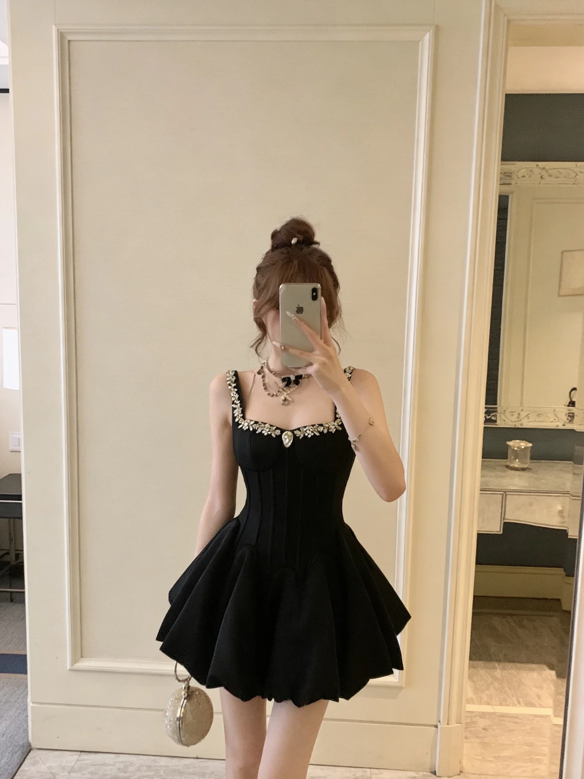 

Elegant Diamond Embedded Square Collar Heavy Work Summer Fishbone Waist Cinched Black Dress Strapless Women's City Commute Dress