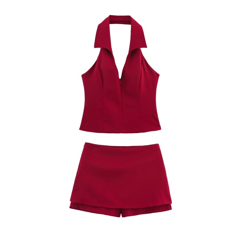 

Set Halter Vest Low-waisted Skirt Pants V-Neck Zipper Sexy Off Shoulder Tops Short Pantsuit Multi Color Elegant Lady Streetwear