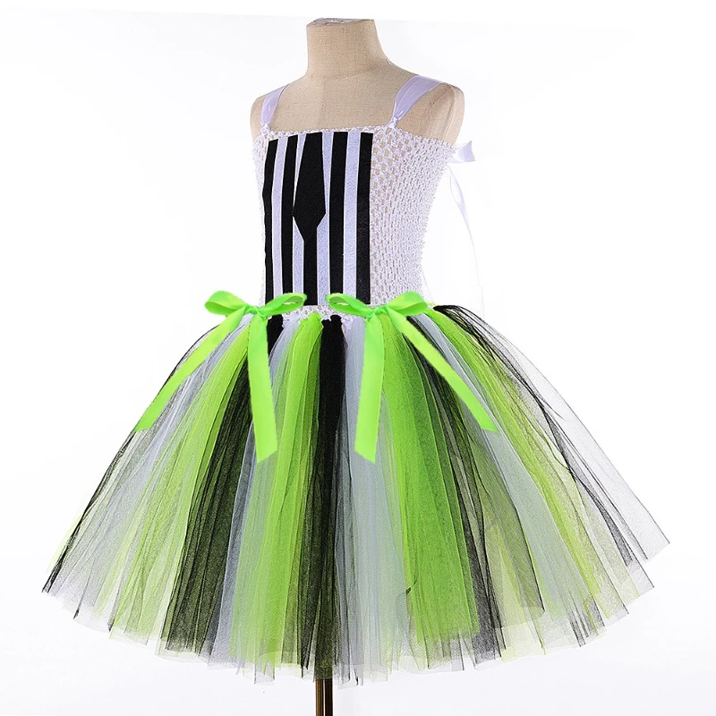 Girls Halloween Beetle Juice Costumes Carnival Party Disguise Lined Tutu Dress with Tulles Hairbow Kids Wizard Role Play Outfit