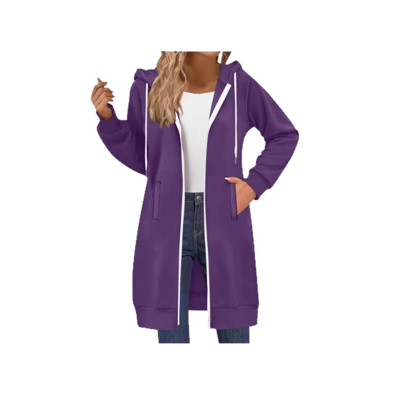 Damska długa bluza dresowa, codzienna, uniwersalna, ze sznurkiem, długi rękaw, kurtka z kapturem i kieszeniami.