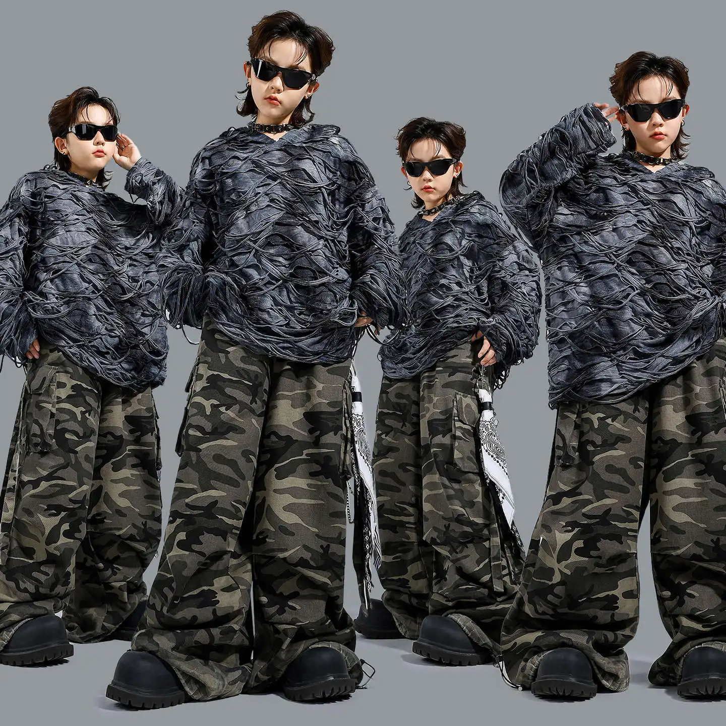 Children Boys Girls Streetwear Hip Hop Ripped Hoodie Cargo Pants Tracksuits Hooded Sweatshirts Trouser Sets Kids Clothes Costume
