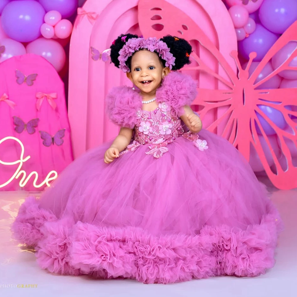 

Adorable Florals Kids Dress Baby Girls Pretty Flowers Appliques Lace Mesh Birthday Party Gown Very Puffy Tulle Flower Girl Dress