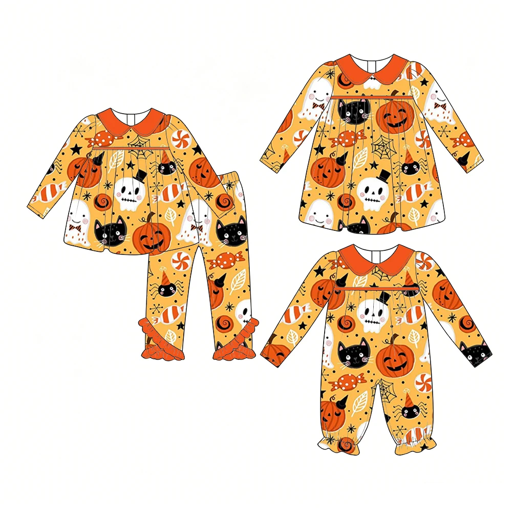 Boutique Halloween best-selling girls' outfits dress rompers with long sleeves and trousers pumpkin and ghost candy print custom
