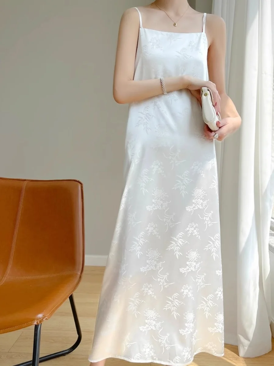 Ele soie Satin longue Dr femmes été nouveau Sle t-shirt acétate broderie Strapl a-ligne robe Ele Sensation minceur