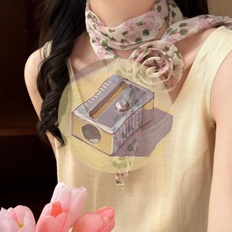 

▪Floral Chiffon Scarf With Rose Decor Sweet Neck Scarf For Women Casual Dress Shirt Accessory