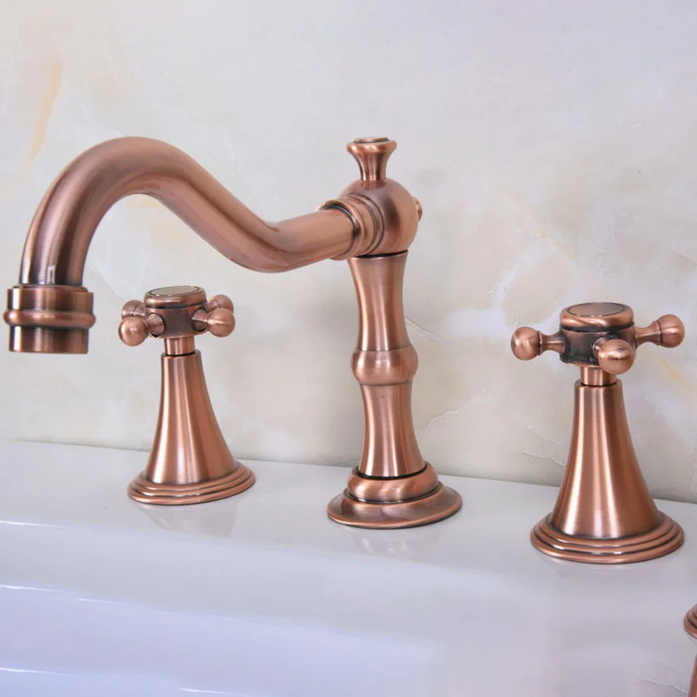 Basin Faucets Brass Antique Red Copper Deck Mounted Bathroom Sink Faucets 3 Hole Double Handle Hot And Cold Water Tap trg073