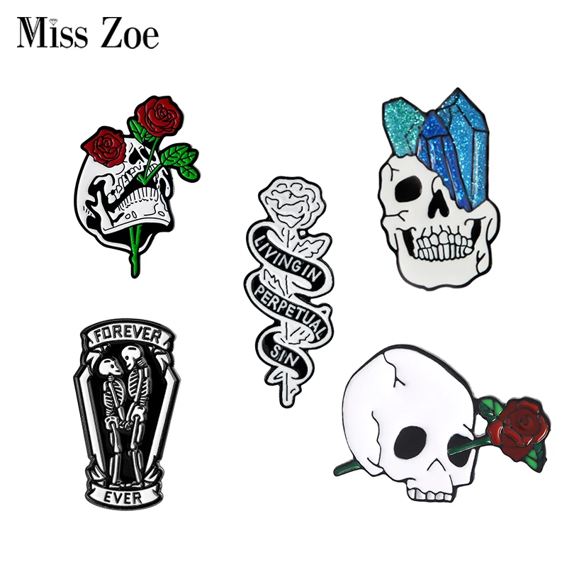 Love Dead enamel pin Rose Crystal Skeleton Skull Coffin Brooch Lapel pin Denim Jeans shirt bag Gothic Forever Love Jewelry Gift