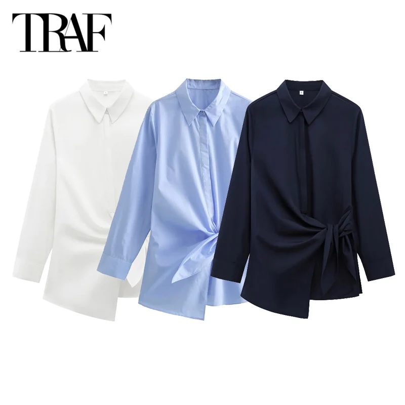 

TRAF Elegant Shirts & Blouses 2025 Women's Spring Long Sleeve Lace-Up Tops Fashion Office White Blue Navyblue Tops For Female