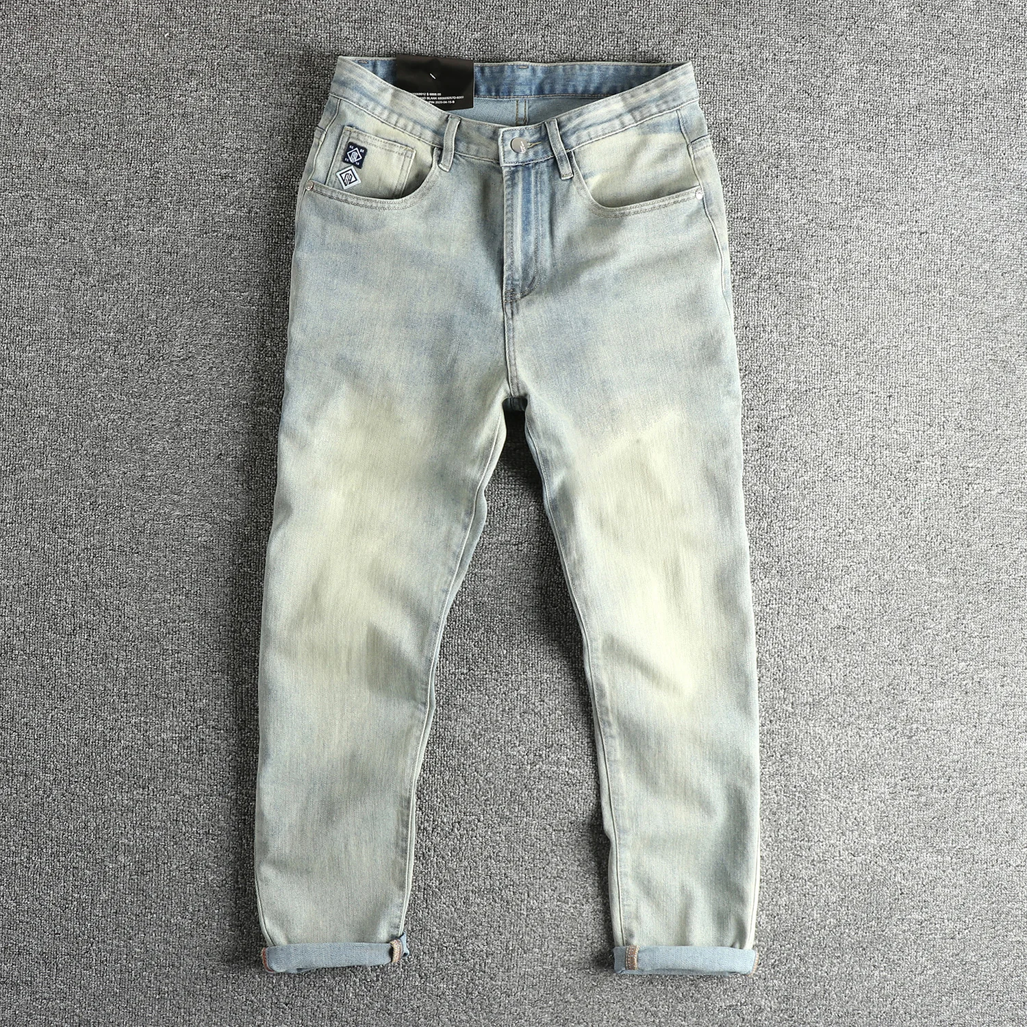 

Men's Retro Light Blue Washed Distressed Jeans Cloud Embroidery on Back Pocket Slim Tapered Straight Cut with Mild Stretch Pants
