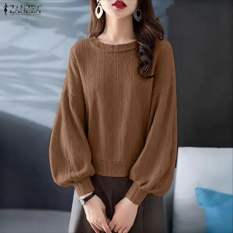 

ZANZEA Spring Women's Cozy Lantern Sleeve Sweatshirts Casual O-Neck Solid Color Textured Knitted Sweaters Woman Pullover Tops