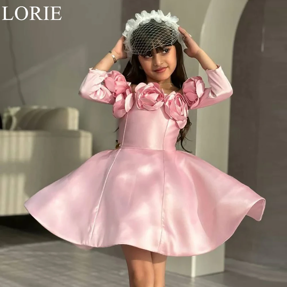 

LORIE Cute Pink Satin Flower Girl Dresses A-Line 3D Flowers Strapless Mini Wedding Party Dress Fairy Birthday Dress Customized