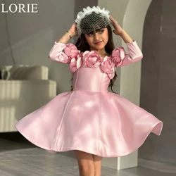LORIE Cute Pink Satin Flower Girl Dresses A-Line 3D Flowers Strapless Mini Wedding Party Dress Fairy Birthday Dress Customized