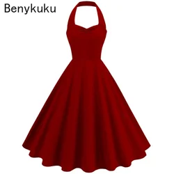 Solid Backless Pin Up 50s 60s Vintage Halter Dress Summer Clothes Women 2026 Sleeveless Hepburn Rockabilly Dresses Woman Clothes