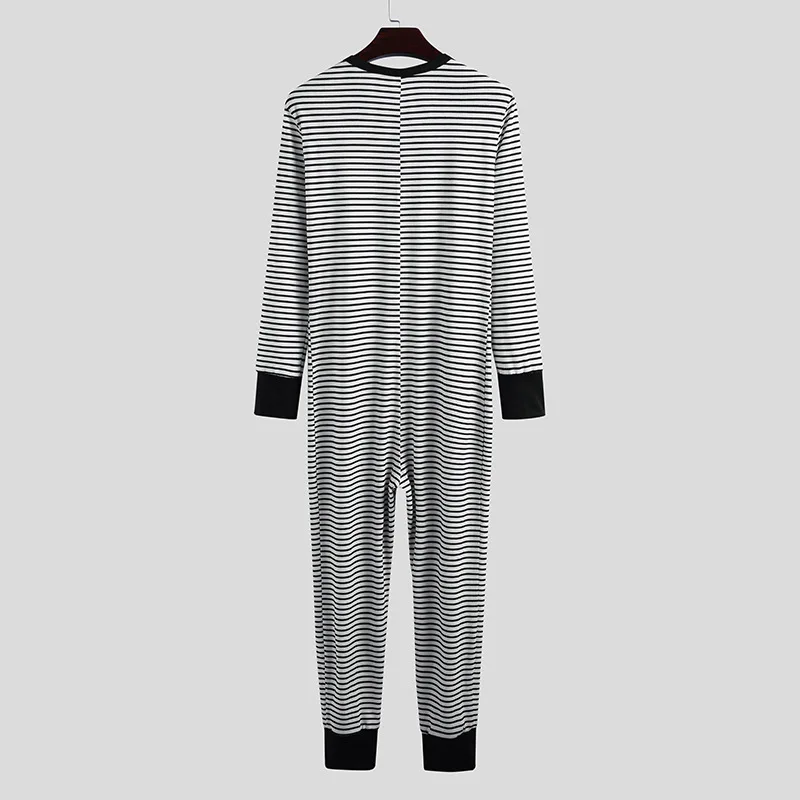 Men Underwear Pajama Skinny Striped Jumpsuit Long Sleeve O Neck Buttons Romper Sleepwear Overall Casual Homewear Pajama Set