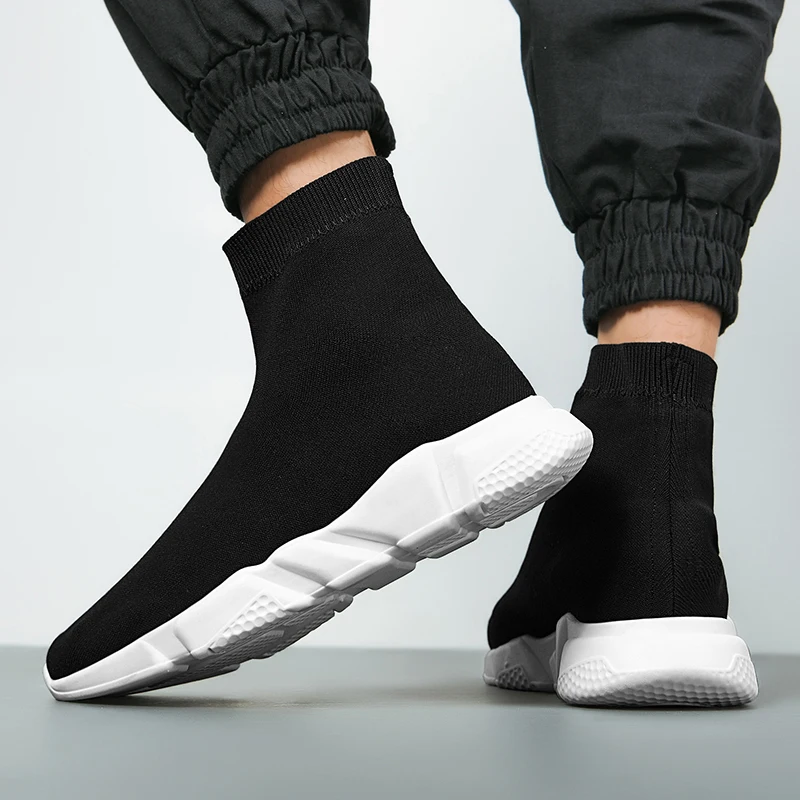 

Black High Top Sock Shoes Men Big Size 35-47 Breathable Knit Men's Running Shoes Comfortable Platform Sports Sneakers For Women