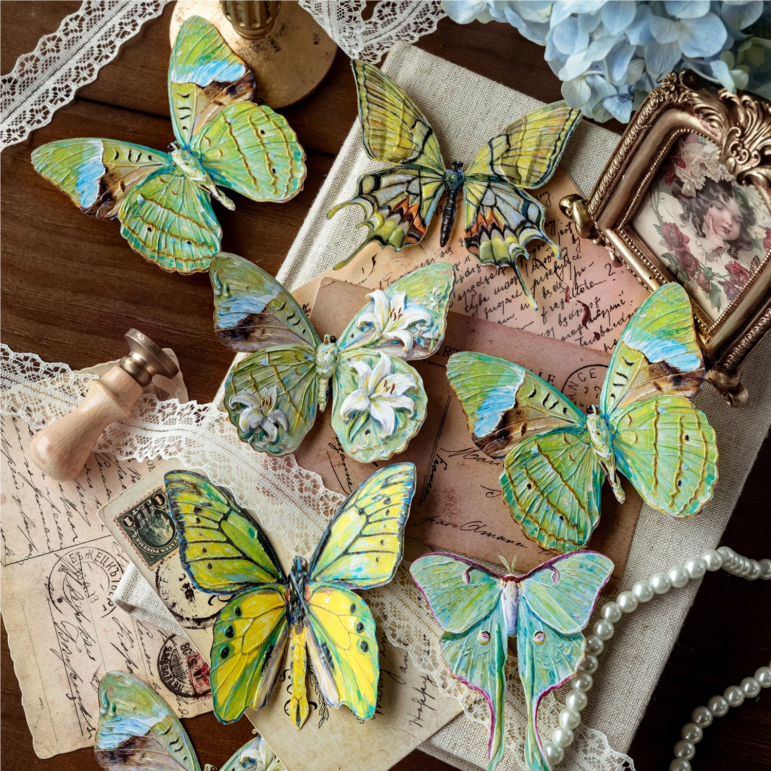 Monet Oil Painting Butterfly Stickers High-Quality 3D Relief Plant Flower Vintage Journal Material Photo Props