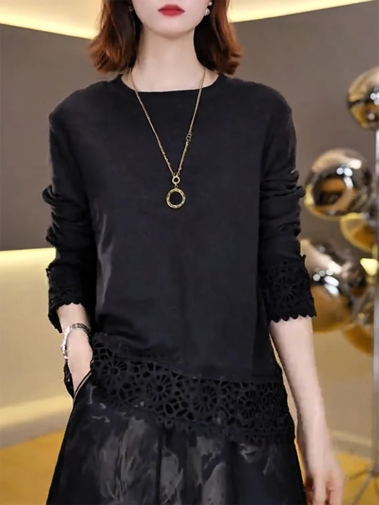 

Дизайнерский свитер с ажурными вставками, осенне-зимняя новинка, большие размеры, модный универсальный топ для женщин, стройнящий силуэт.