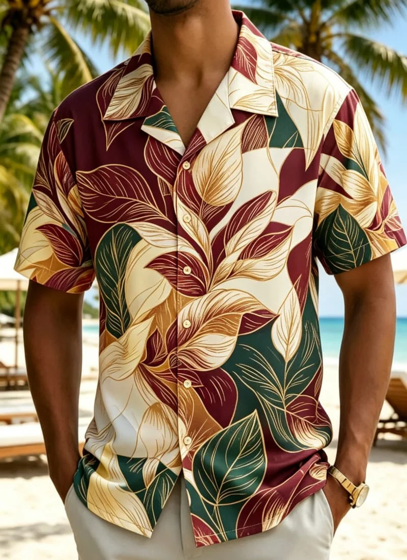 

Men's watercolor oil painting style tropical plant print Hawaiian shirt, for party events, nightclub revelry, street dressing