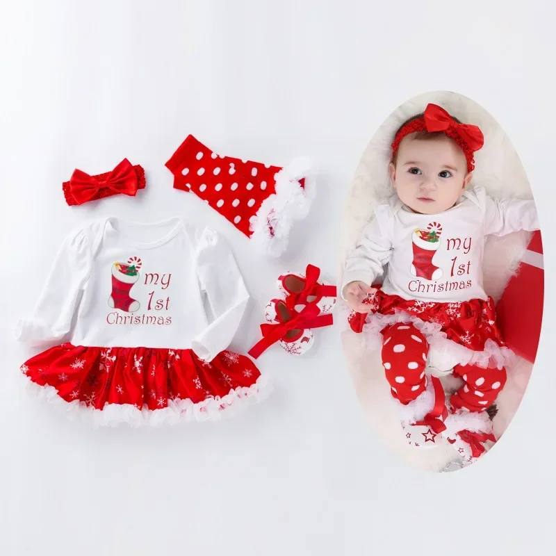 Newborn Christmas Clothes Girl Long Sleeve Xmas Dress Elk Christmas Tree Santa Claus Cartoon Romper Dress Shoes Socks Outfit