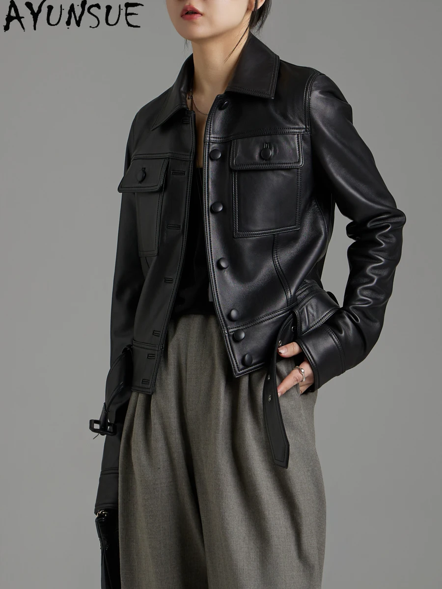AYUNSUE 本革ジャケットの女性 2025 リアルシープスキンレディースコートベルト春秋服ショートスタイル Jaqueta デ Couro