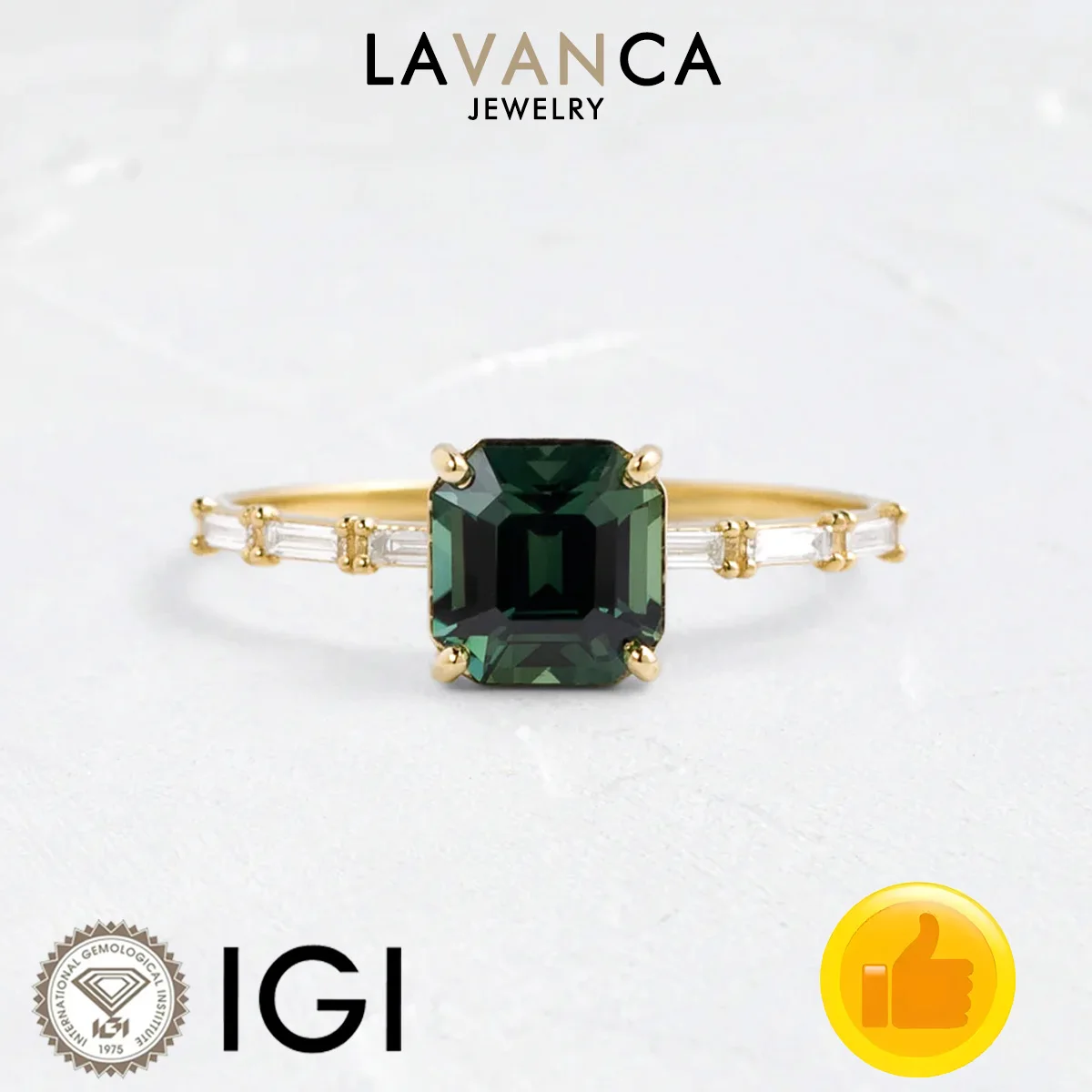 

Cushion Cut Lab Green Sapphire Ring Baguette Lab Diamond Ring 9K/14K/18K Yellow Gold Classic Engagement Ring For Women Jewelry