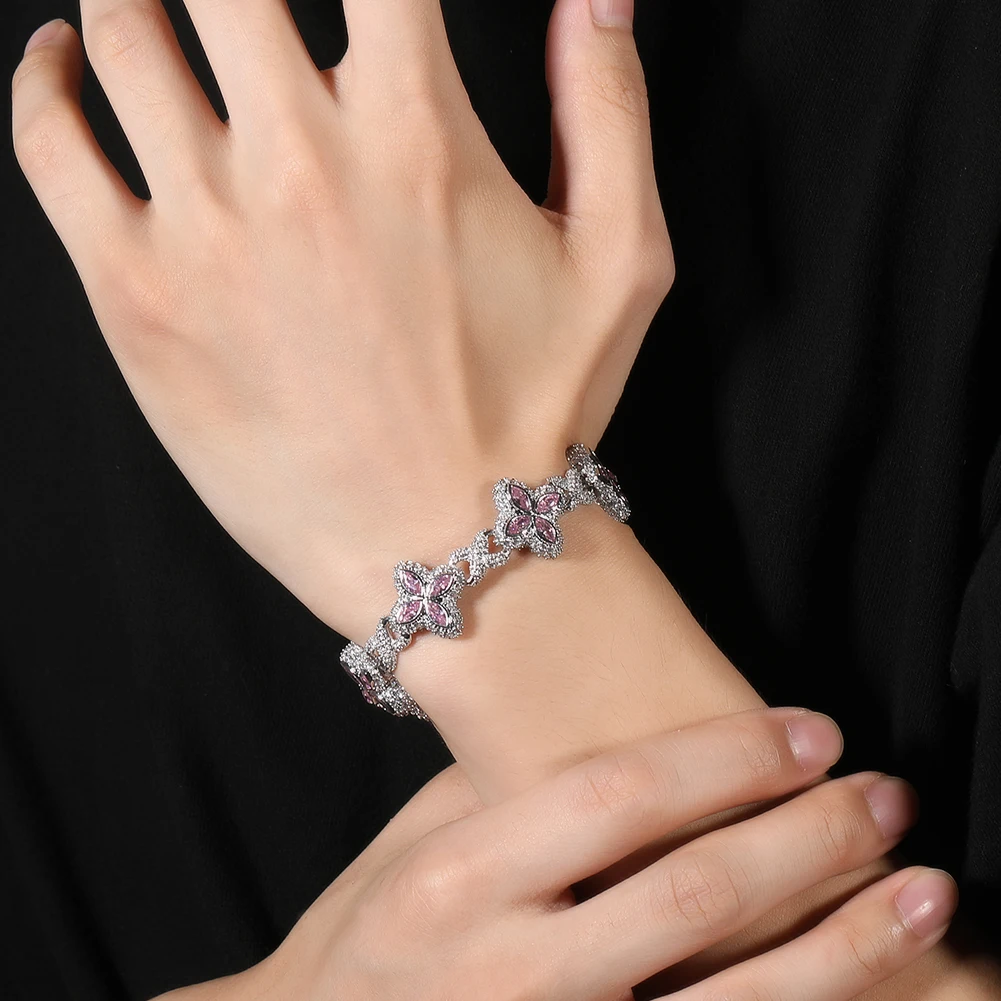 TBTK Colored CZ Four Clover Inifinity Chain Necklace Micro Paved Out 5A+ Cubic Zircon Luxury Bracelet Hiphop Jewelry