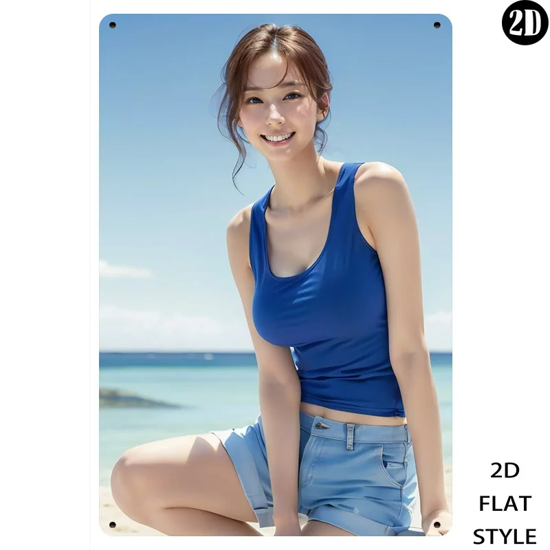 HD Metal Tin Sign Beautiful Asian Girl Blue Tank Top Beach Portrait Wall Art Decor