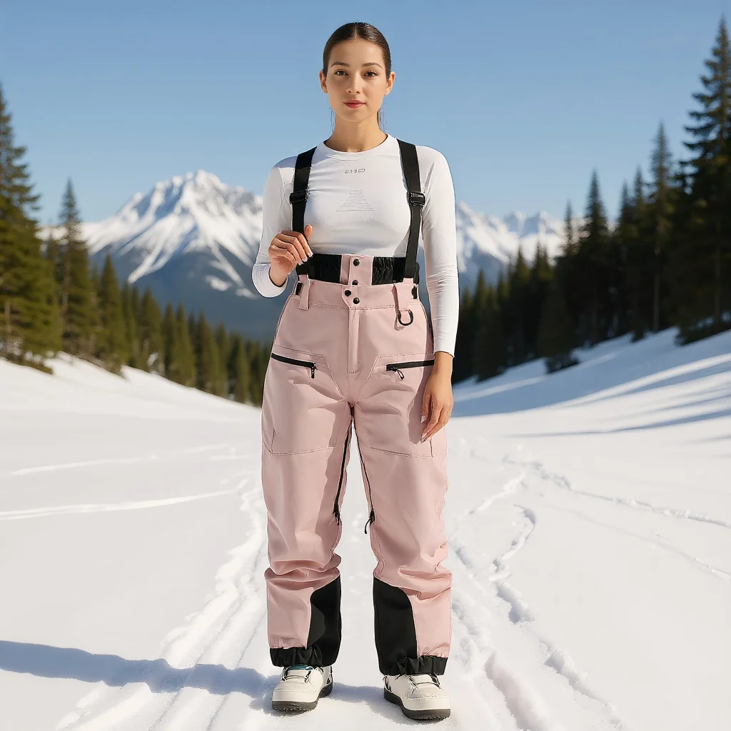 Новые лыжные брюки, женские уличные брюки с ремешком, теплые двухбортные ветрозащитные водонепроницаемые зимние спортивные брюки для отдыха, свободные зимние брюки с большими карманами