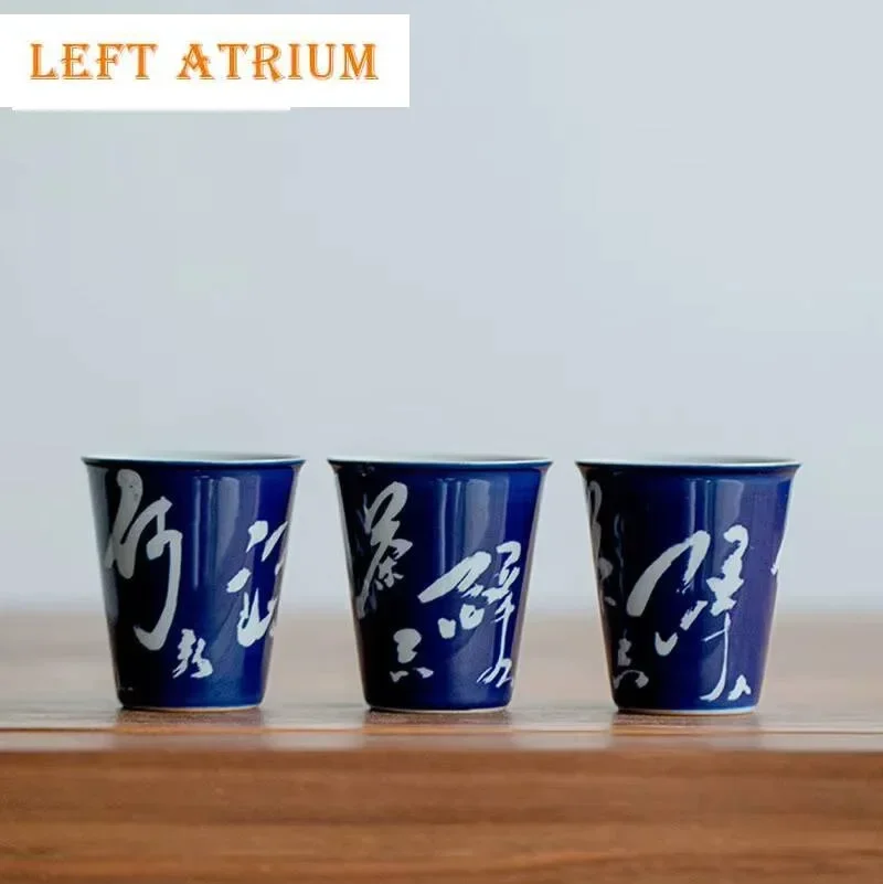 

2pc/lot Pure Handwritten Poems Art Setting Sun Cup Blue Glaze Ceramic Smelling Tea Cup Puer Tea Master Cup Kung Fu Tea Set 40ml
