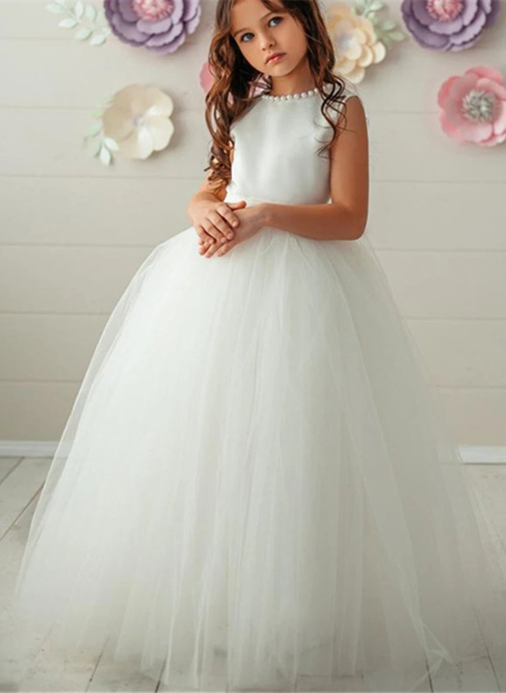 Flower Girl Dress Wedding Party Tulle Organza Skirt Ruffled Princess Ball Gown Over flowing Floral Kids