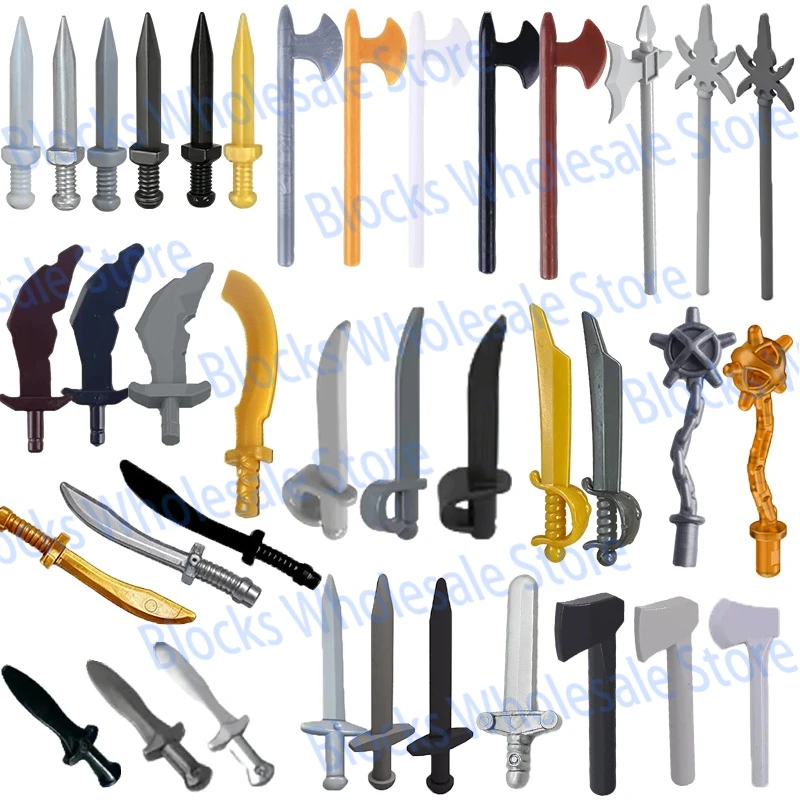 MOC Medieval Military Figures Building Blocks Soldier Weapons Accessories Spear Sword Bow Arrow Cloak Mini Bricks Toys Gifts W01