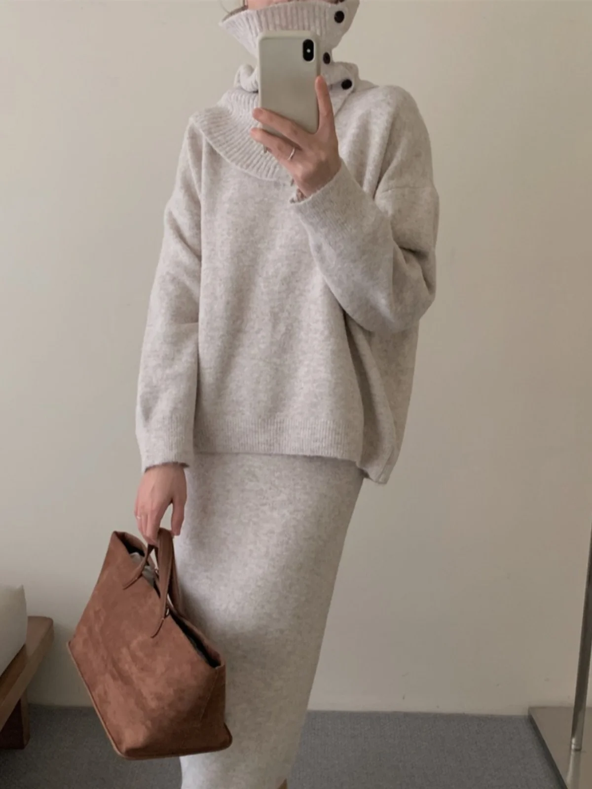 부드럽고 아늑한 넥워머 니트 스웨터 겨울 상의 하프 스커트 투피스 세트 한국 스타일 루즈핏 긴팔 라운드넥