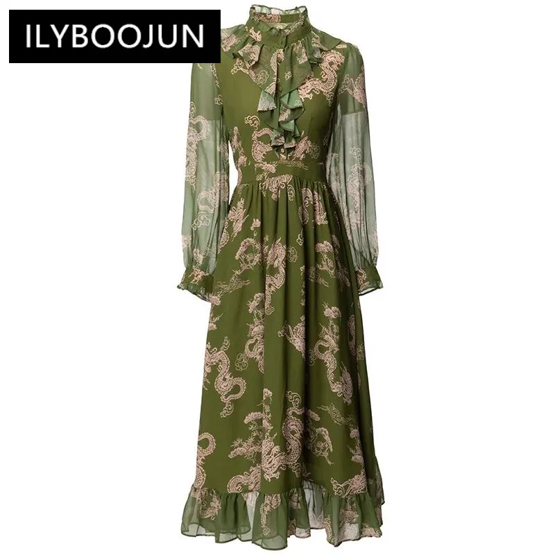 

ILYBOOJUN Fashion Women's New Edible Tree Fungus Edge Stand-Up Collar Indie Folk Style Single-Breasted Vintage Print MIDI Dress