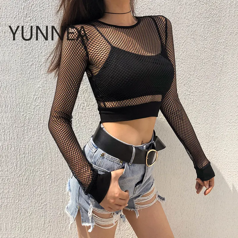 

Sexy Black Hollow Out Mesh T-Shirt Female Skinny Crop Top 2023 New Women Fashion Summer Basic Tops Fishnet Shirt