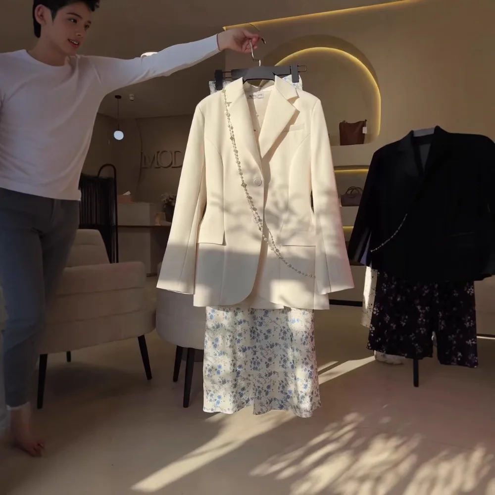 

2 Piece Sets Women Suit Jacket Print Skirt Turn Down Collar Pockets Single Breasted Blazer Coat Long Skirts Office Lady Outfits