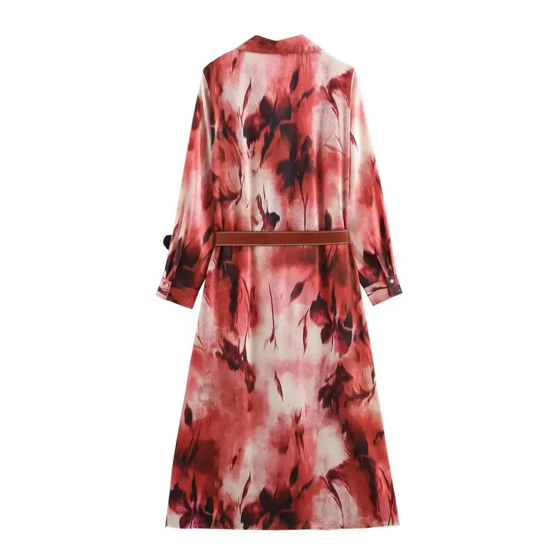 2025년 봄 여성 패션 벨트와 함께하는 다용도 미디 실크 새틴 드레스, 출퇴근 스타일 긴 소매