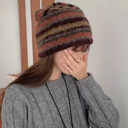 Japanese Retro Color Matching Striped Knitted Pullover Hat for Men and Women Outdoor Warm Ear Protection Trend Skull Beanie Cap