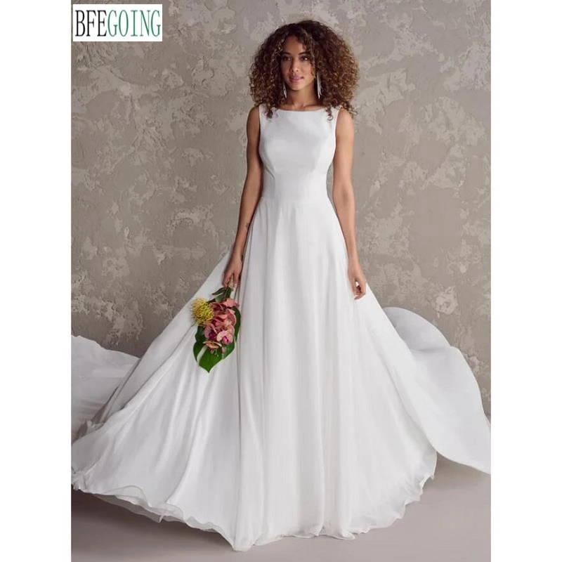 Crepe Chiffon Sleeveless A-Line Wedding Dresses Chapel Train Bridal Gowns Backless Layered Skirt