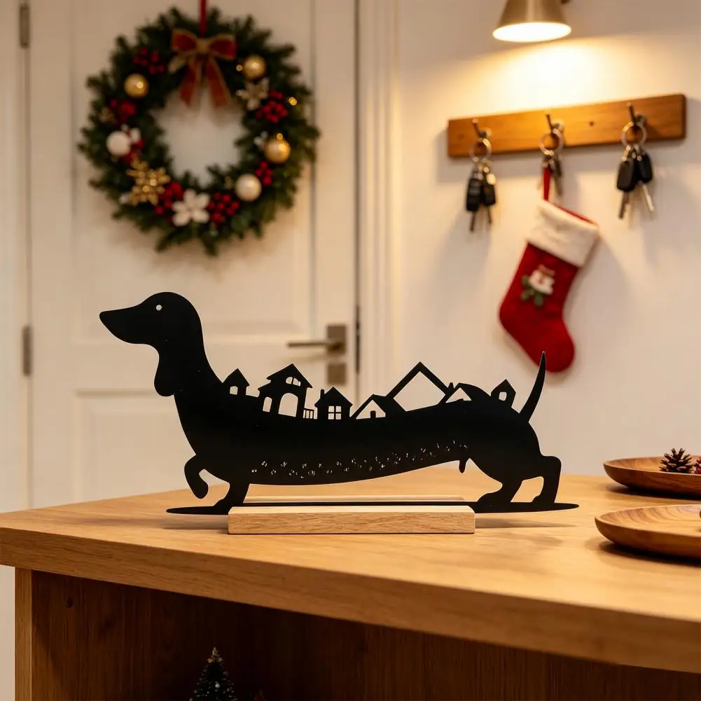 24Day Christmas Countdown Dachshund Decor Metal Silhouette Advent Calendar Funny Tabletop Decoration with Wooden Base Home Decor